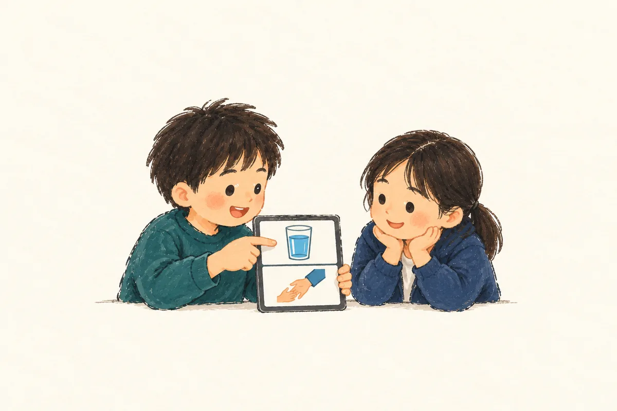 학생이 의사소통판의 물 그림을 가리키고 친구가 그 뜻을 알아주는 간결한 스케치.