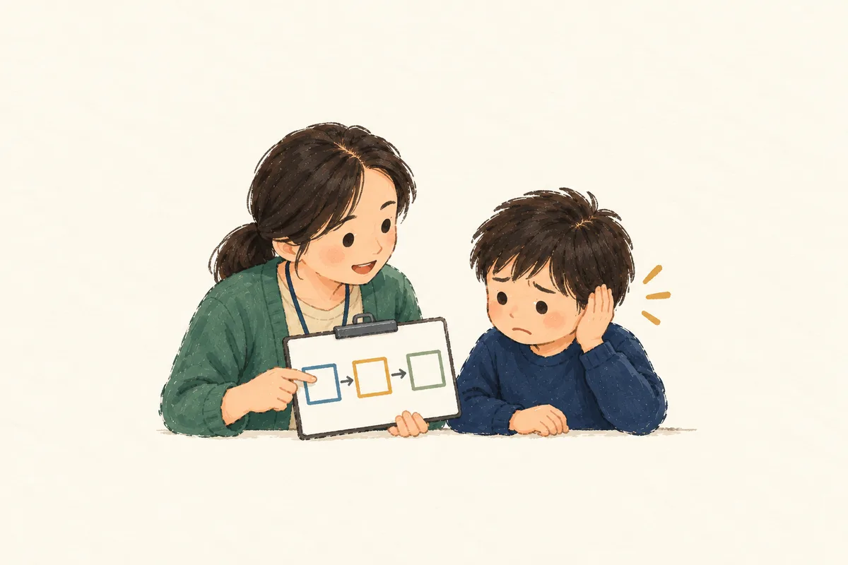 교사가 학생의 모습을 관찰하며 세 칸으로 나뉜 기록지에 적는 간결한 스케치.