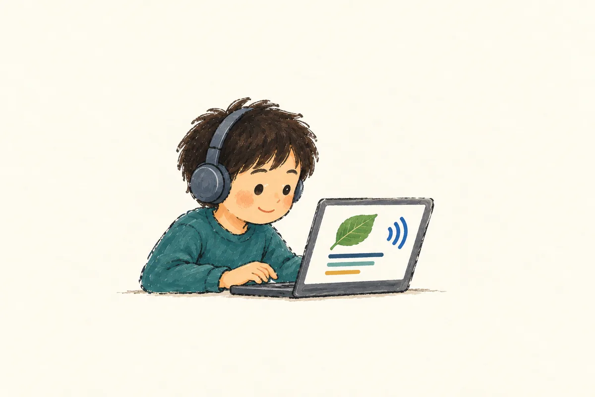 학생이 헤드폰으로 화면의 그림 설명을 듣는 간결한 아크릴 스케치.