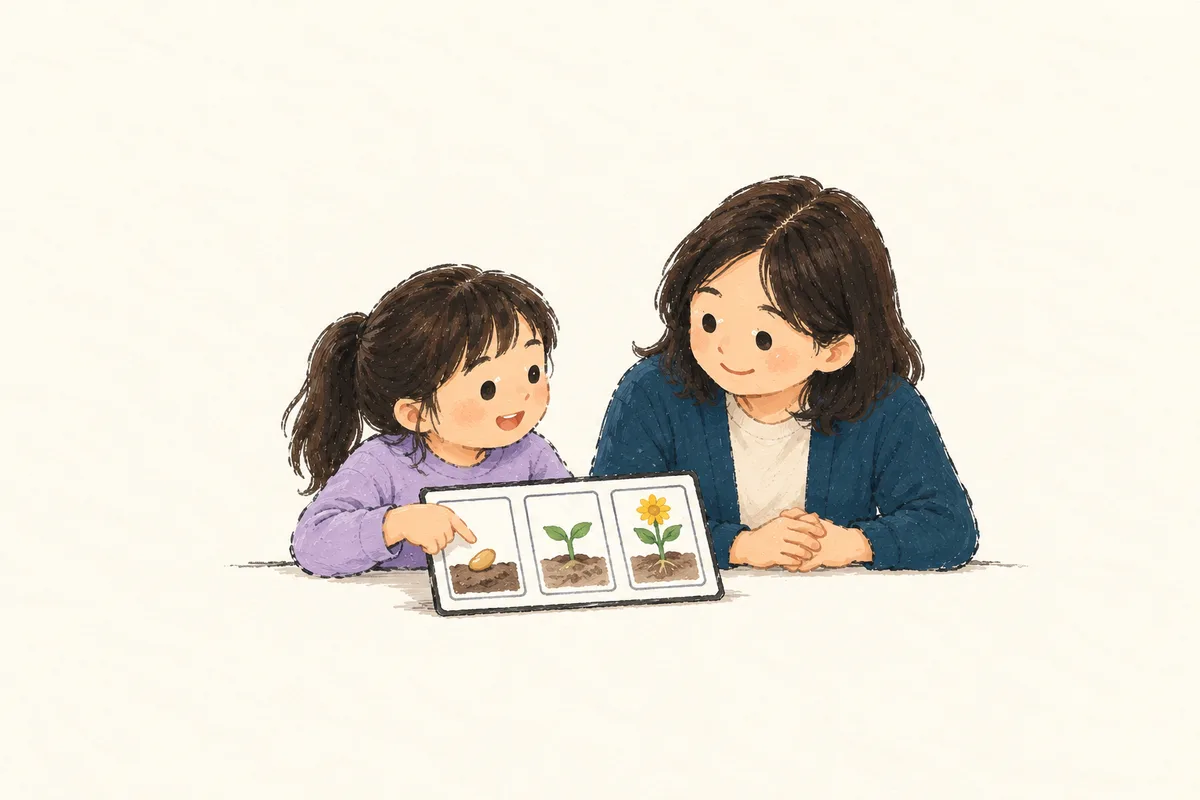 학생이 그림 카드로 배운 내용을 표현하고 교사가 그 응답을 듣는 간결한 스케치.