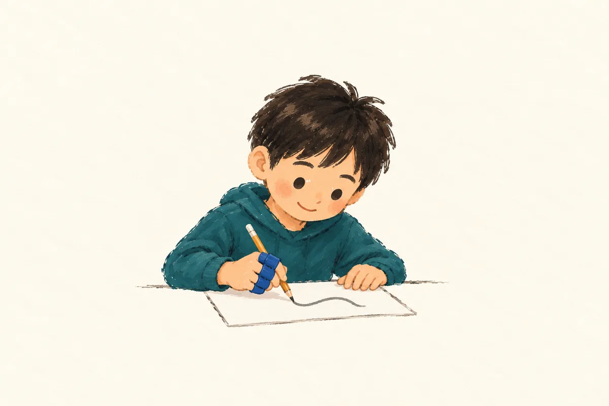 학생이 필기 보조도구를 사용해 선을 그리는 간결한 아크릴 스케치.