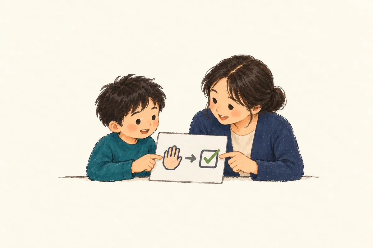학생과 교사가 도움 요청 그림이 담긴 지원계획 한 장을 함께 살펴보는 스케치.