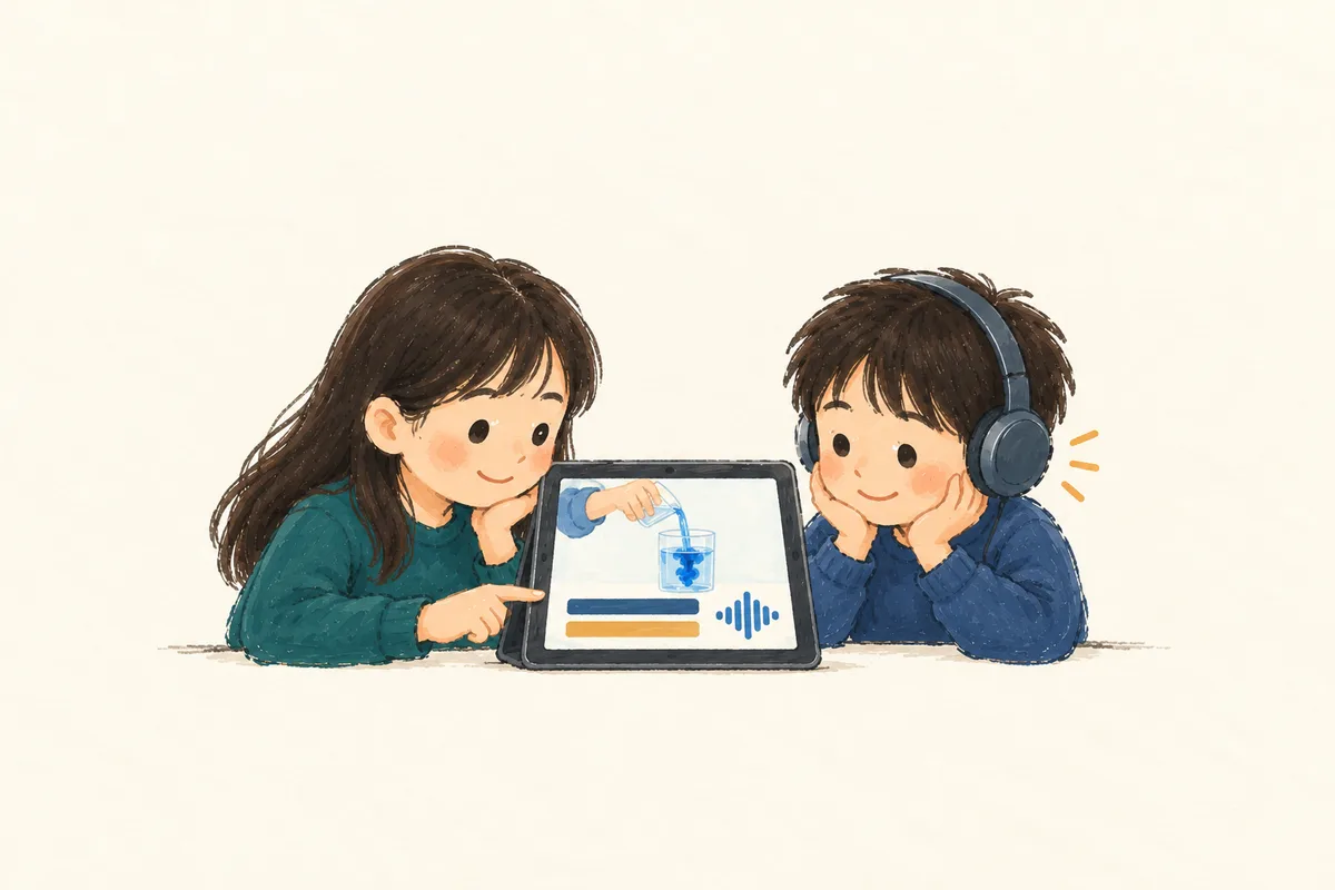 두 학생이 하나의 영상 화면을 자막과 음성 설명으로 이용하는 간결한 스케치.