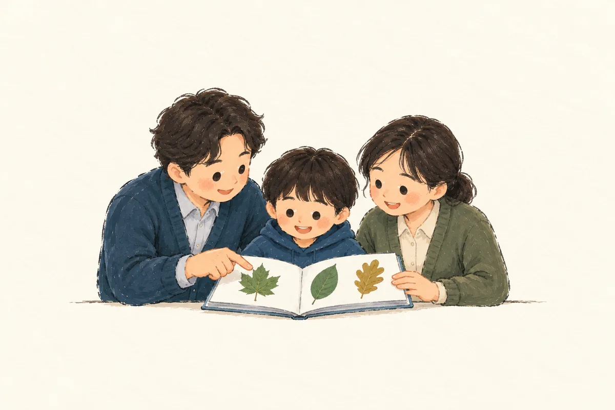 두 교사가 학생과 함께 책 한 권을 살펴보며 수업을 나누어 맡는 간결한 스케치.