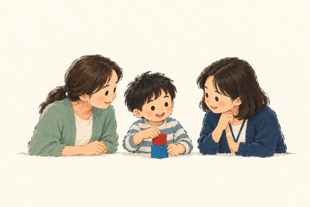 학생이 블록을 쌓는 모습을 보호자와 평가 담당자가 함께 살펴보는 간결한 스케치.