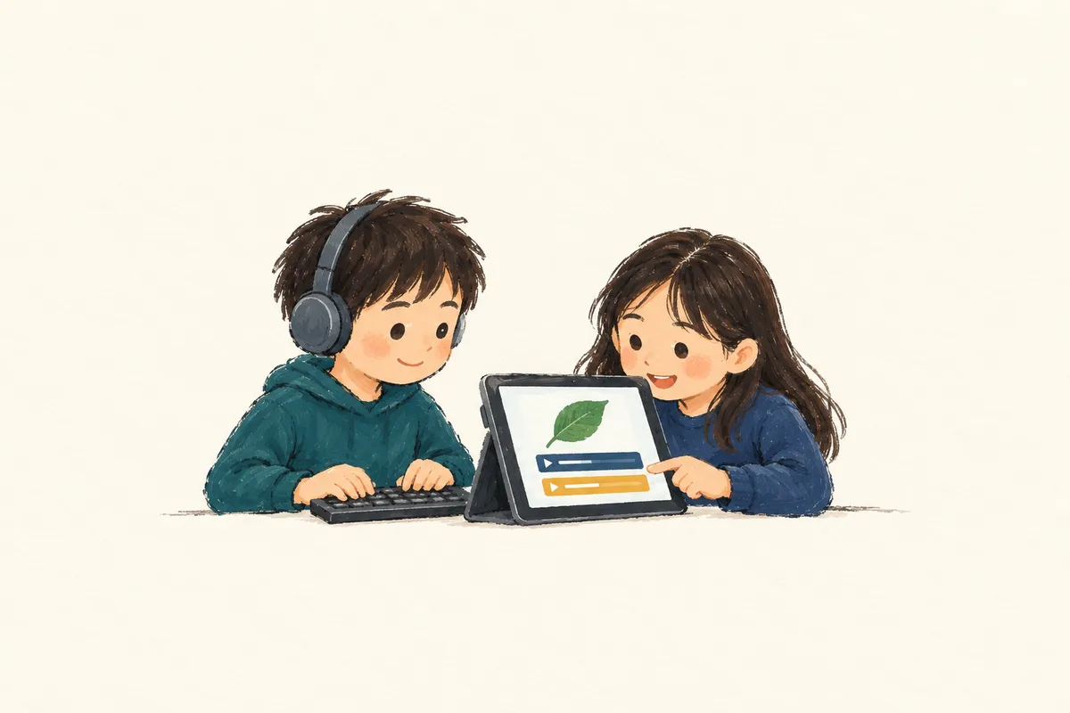 둥근 눈동자의 두 학생이 하나의 화면을 키보드·헤드폰과 자막으로 함께 이용하는 간결한 스케치.