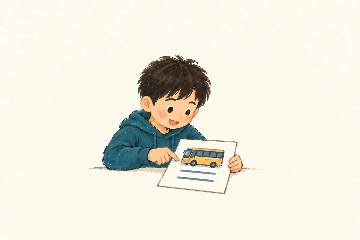 학생이 버스 그림과 짧은 줄로 정리된 안내 한 장을 읽는 간결한 스케치.