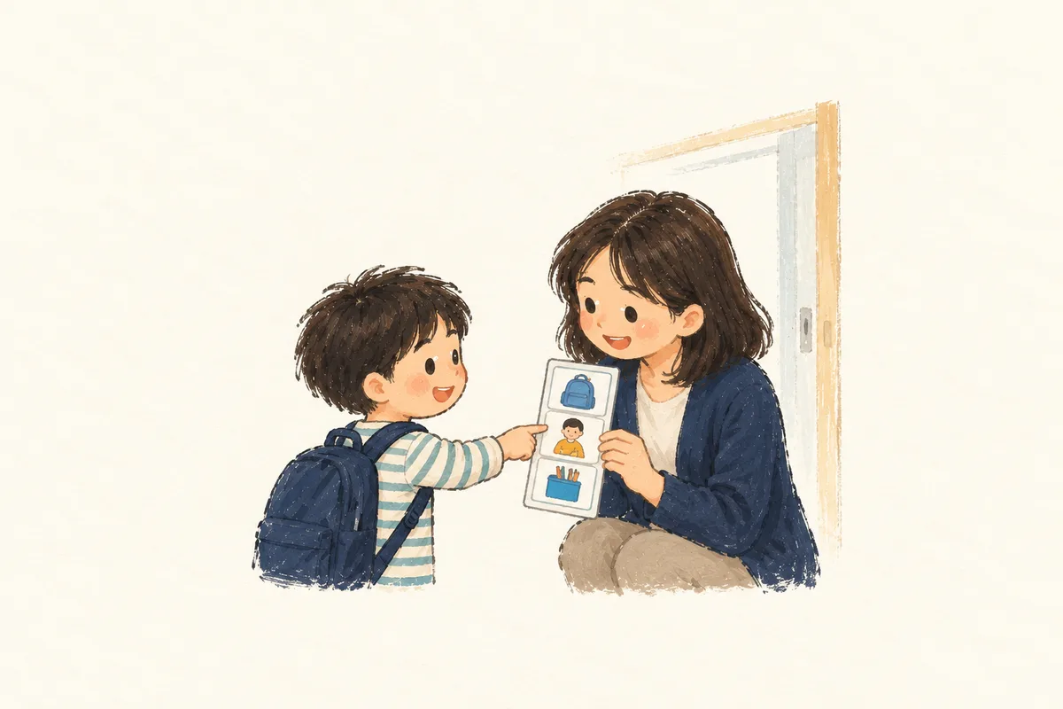 학생이 익숙한 그림 일과표를 새 학교 교사에게 보여주는 간결한 아크릴 스케치.