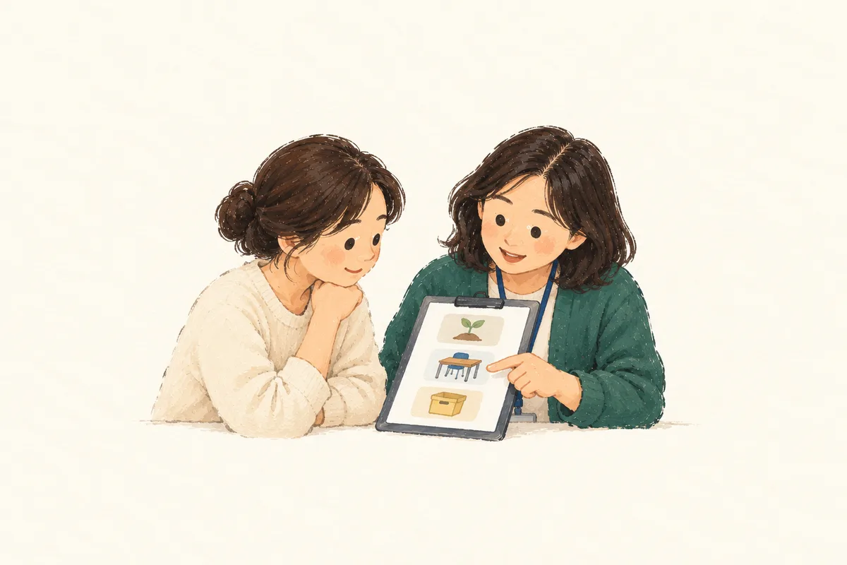 두 담당자가 하나의 관찰 기록을 함께 살펴보는 간결한 아크릴 스케치.