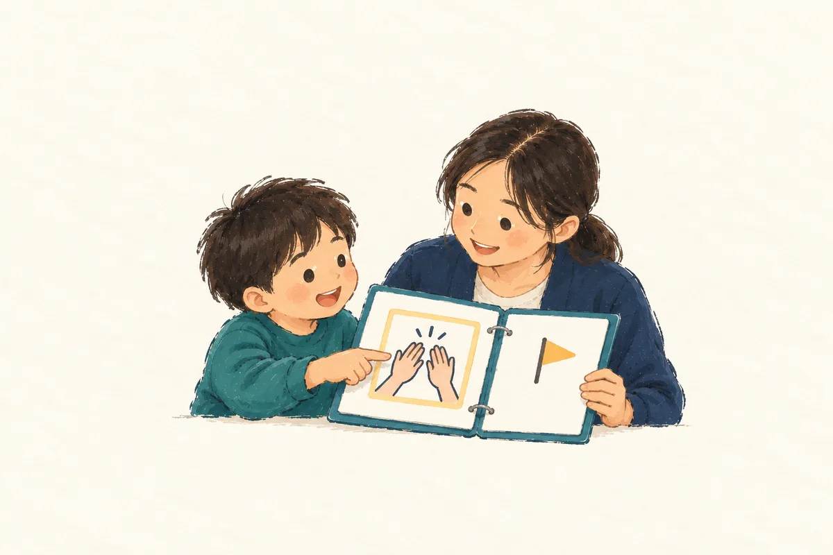 학생과 교사가 도움 요청 목표를 담은 계획 한 권을 함께 살펴보는 간결한 스케치.