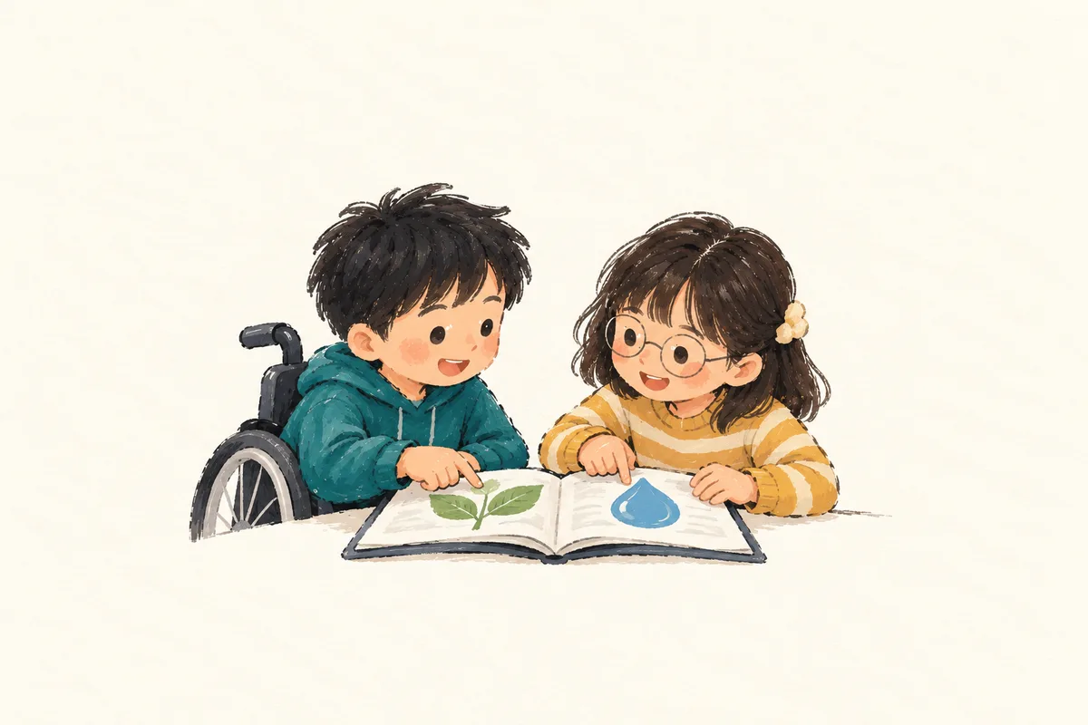 휠체어를 이용하는 학생과 친구가 같은 책을 보며 함께 배우는 간결한 스케치.
