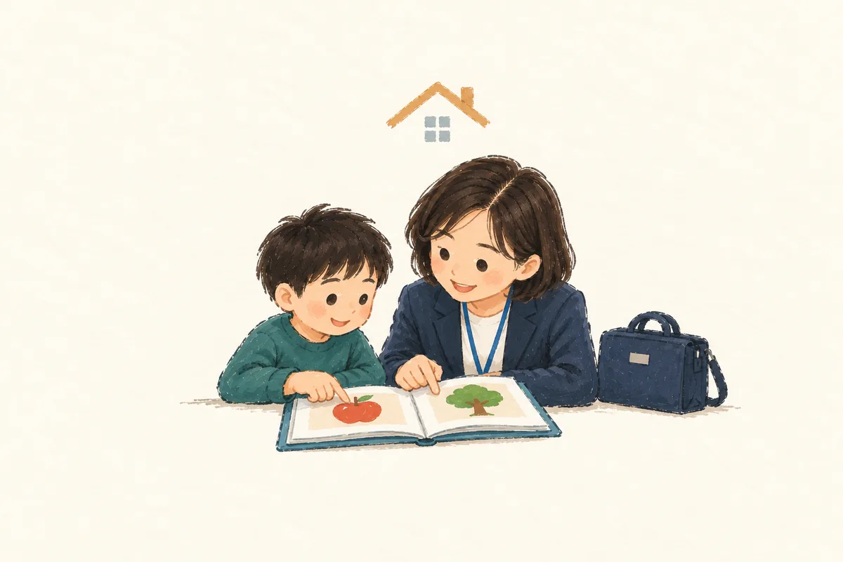 방문한 교사와 학생이 집을 나타낸 작은 지붕 선 아래에서 함께 책을 보는 간결한 스케치.