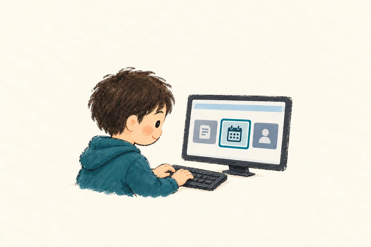 학생이 키보드로 조작하며 화면의 선택 테두리를 확인하는 간결한 스케치.