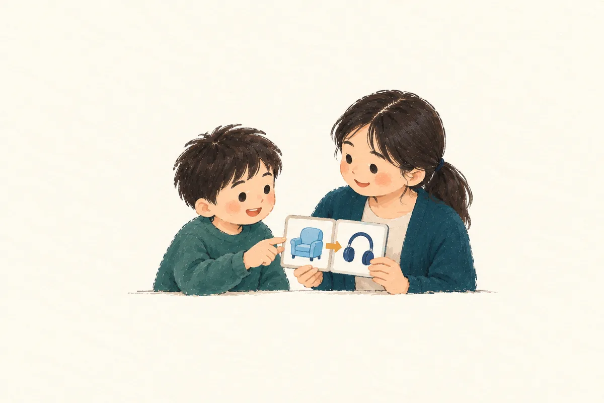 교사와 학생이 두 칸 그림 일정으로 다음 활동을 미리 확인하는 간결한 스케치.