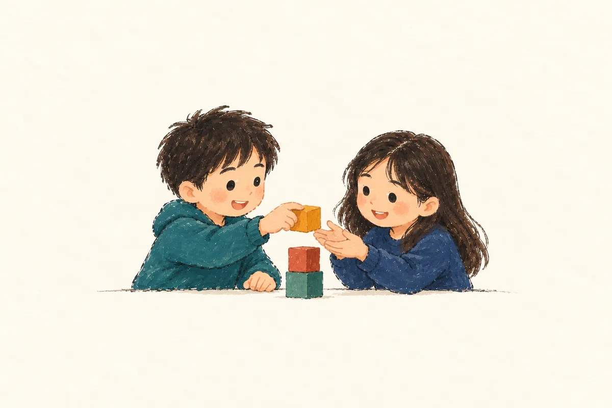두 친구가 블록을 주고받으며 함께 만드는 간결한 아크릴 스케치.