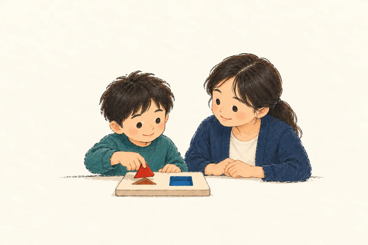 학생이 모양판에 블록을 놓는 모습을 교사가 살펴보는 간결한 아크릴 스케치.