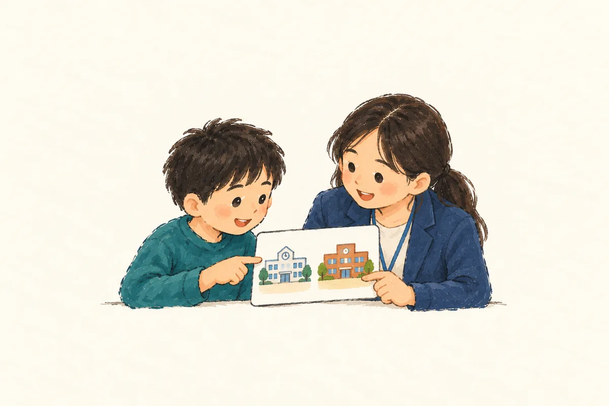 학생과 담당자가 두 교육환경을 나타낸 그림 한 장을 함께 살펴보는 간결한 스케치.