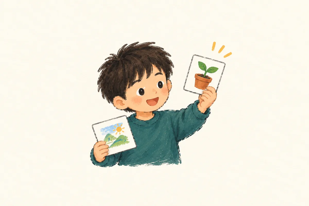 학생이 두 활동 그림 중 원하는 것을 직접 골라 들어 보이는 간결한 스케치.