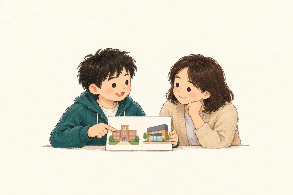 학생이 학교 이후의 관심을 나타낸 그림을 가리키며 어른과 의논하는 간결한 스케치.