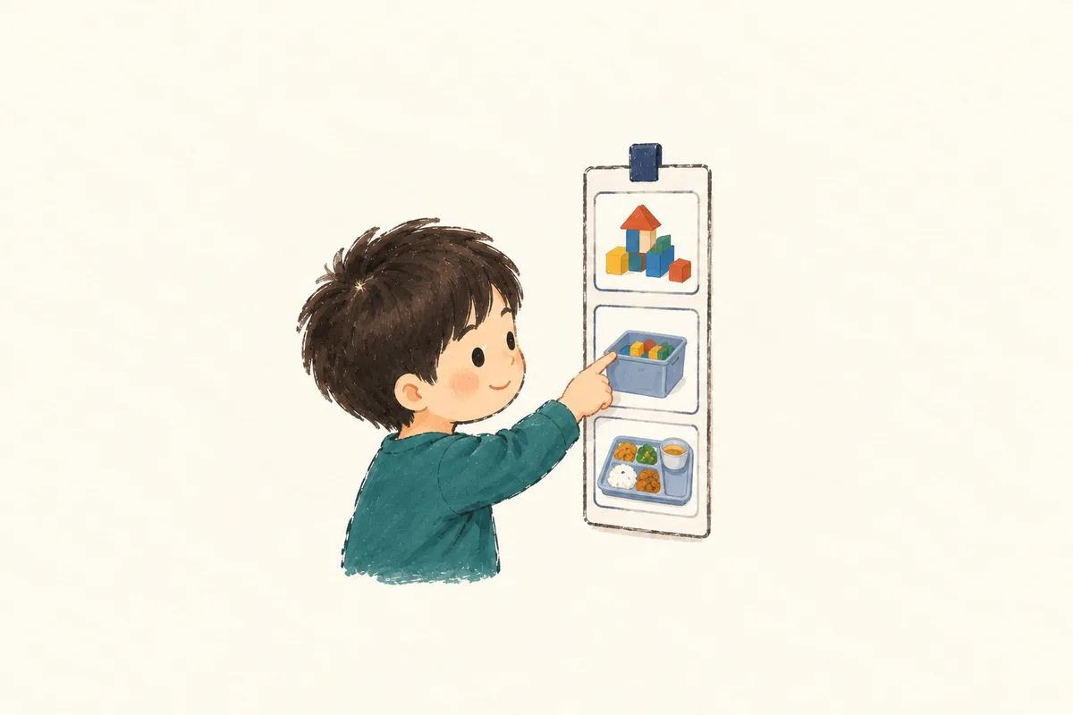 학생이 세 가지 그림으로 된 일과표에서 지금 활동을 확인하는 간결한 스케치.